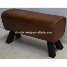 Genuine Leather Ottoman Dark Wooden Leg